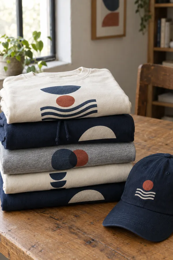 Stack of folded custom-printed shirts and a navy cap on a wooden table