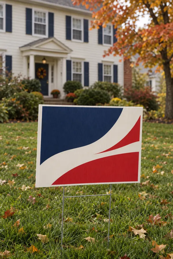 Navy, cream and red yard sign on a front lawn with autumn leaves