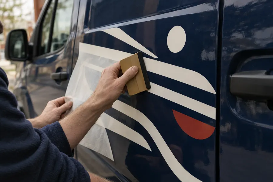 Vinyl graphics being applied to the side of a navy work van
